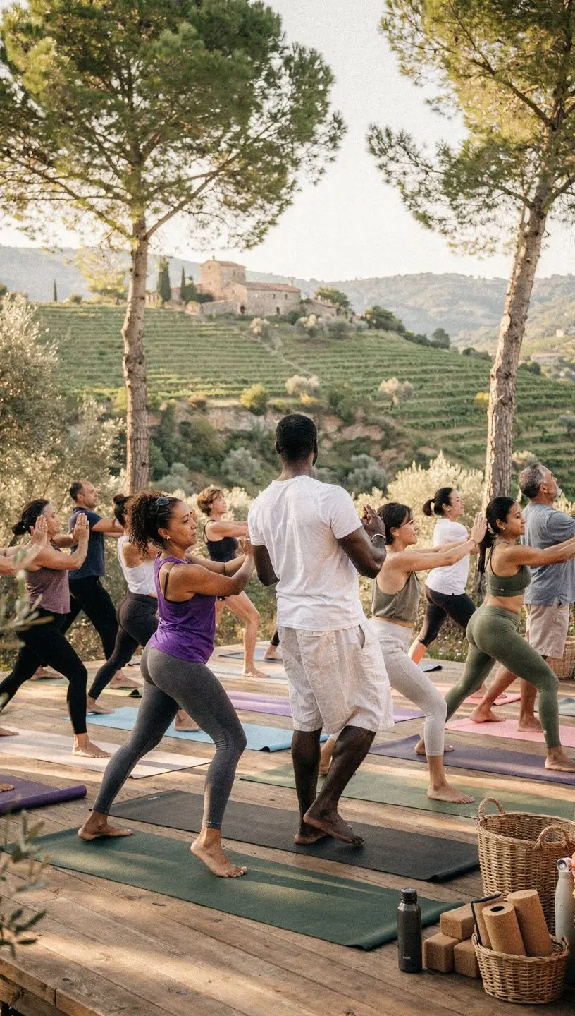 Practicante de yoga realizando una postura de torsión al aire libre en un entorno natural.