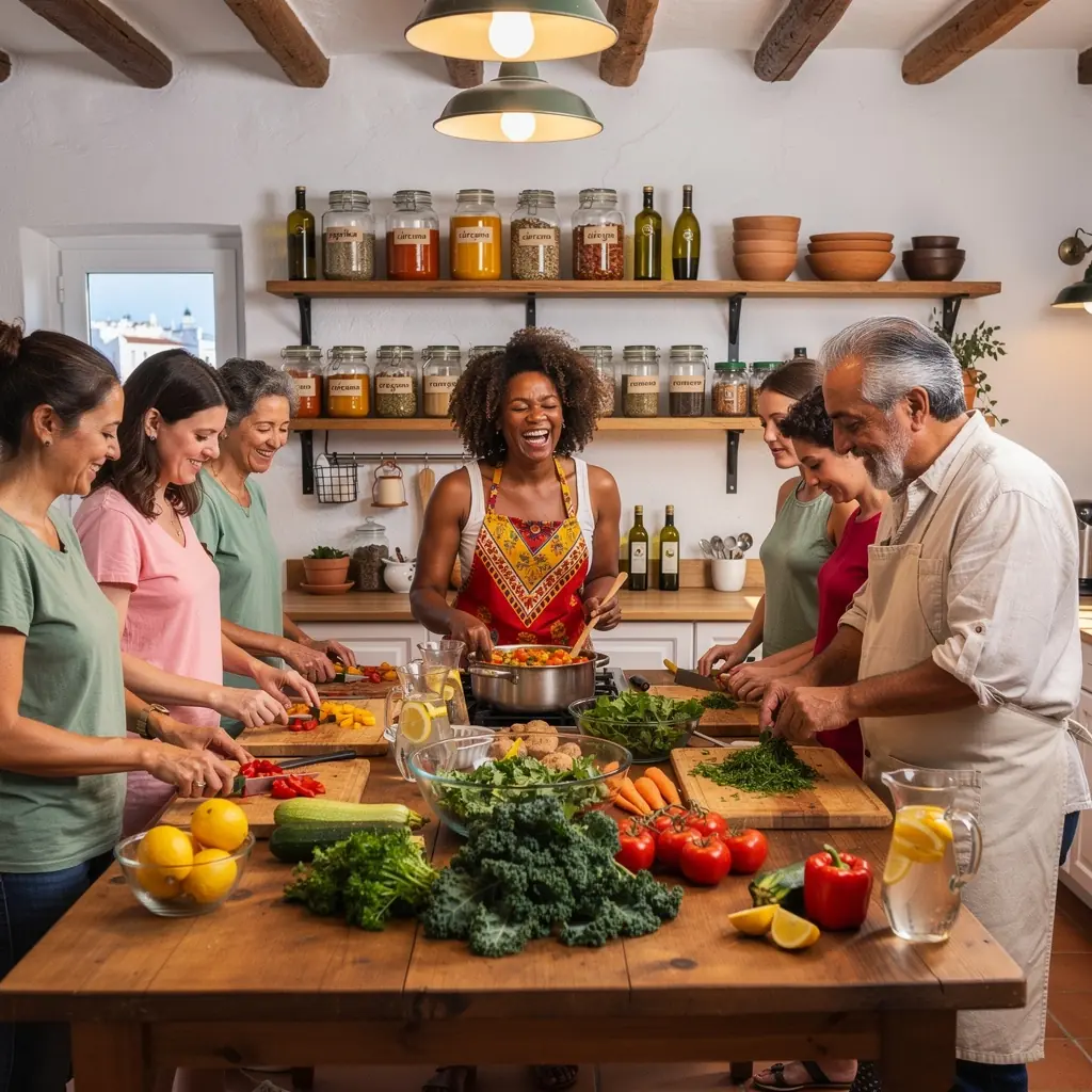 Mesa de frutas frescas y verduras, simbolizando una dieta saludable para el programa de desintoxicación.