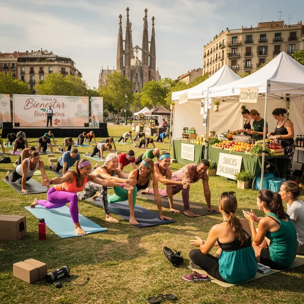 Practicante de yoga en una posición de torsión, rodeado de un entorno natural y relajante.